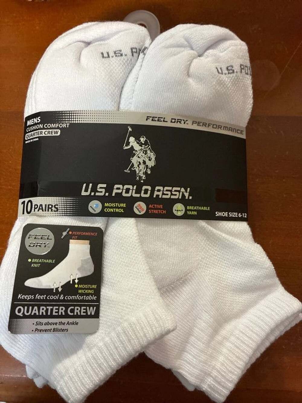 Men’s new in package U S Polo Assn. quarter crew white shoe sz 6-12 pk of 10